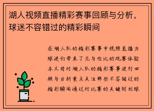 湖人视频直播精彩赛事回顾与分析，球迷不容错过的精彩瞬间